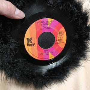 May include: A black vinyl record with the song title "Gypsys, Tramps & Thieves" by Cher, surrounded by a fluffy black feather trim. The record label features orange, pink, and purple colors.