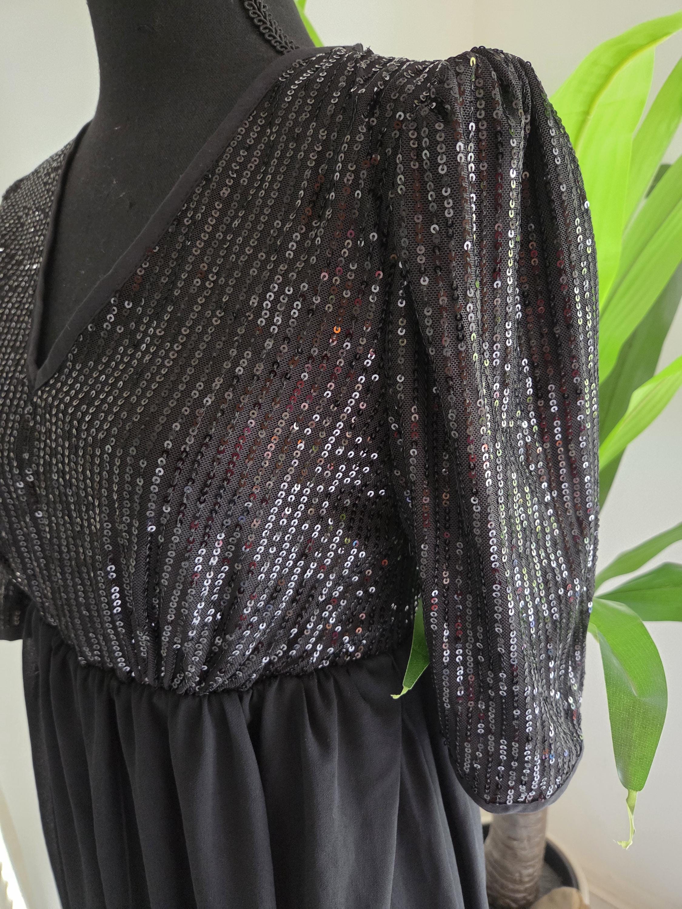 Black sequin puff sleeve midi dress