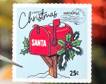 Santa Mailbox Stamp Sticker, Holiday Mail Art, Christmas Planner Decal, Scrapbook Decor
