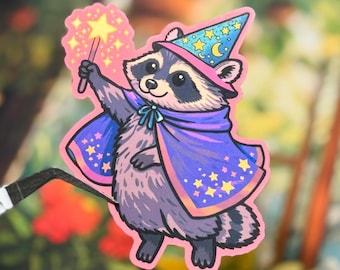 Wizard Raccoon Sticker, Fantasy Artwork, Fairycore Animal Decal, Junk Journal Decor