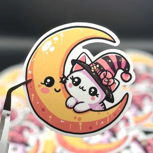 Celestial Cat Sticker, Kawaii Cat Artwork, Gifts for Friends, Cat Lover Gift, Moon and Stars, Hand Drawn Design for Laptops and Water Bottle
