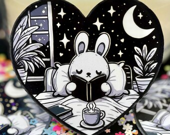 Cozy Bunny Reading, Bookish Sticker, Book Club Gift, Black and White Art