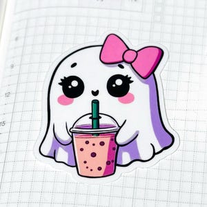 Ghost Drinking Iced Coffee Sticker, Hand Drawn Summerween Art, Spooky Cute Planner Decal Bild 8