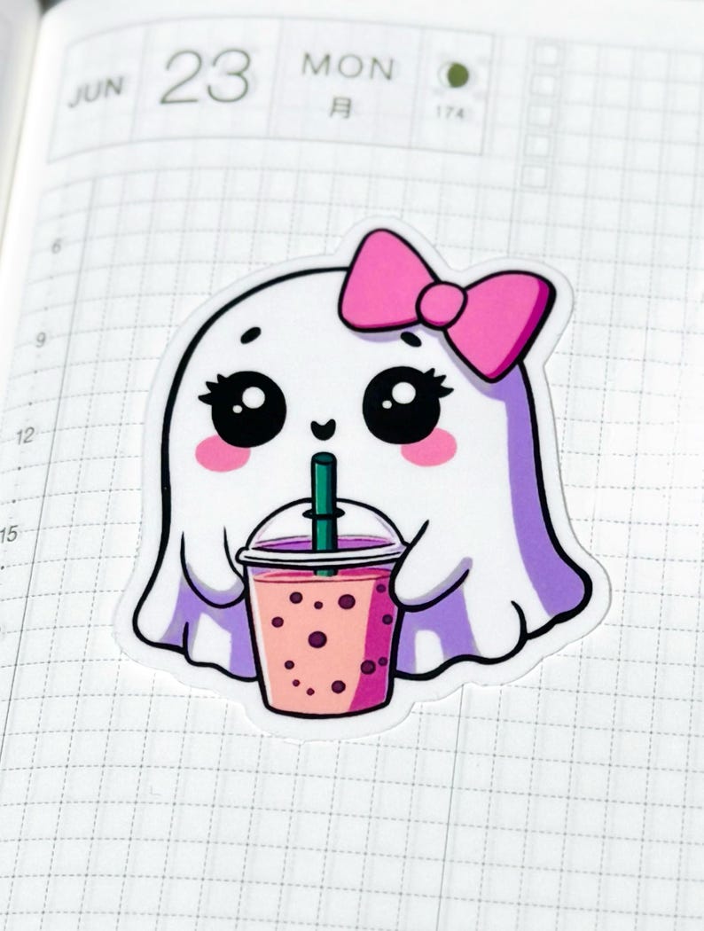Ghost Drinking Iced Coffee Sticker, Hand Drawn Summerween Art, Spooky Cute Planner Decal Bild 8