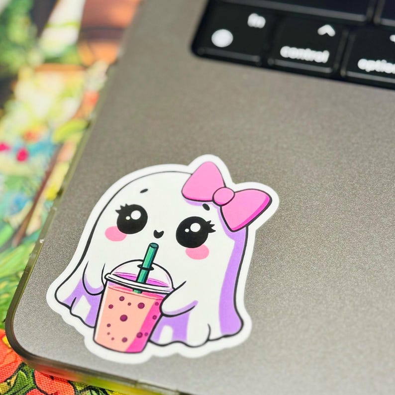 Ghost Drinking Iced Coffee Sticker, Hand Drawn Summerween Art, Spooky Cute Planner Decal Bild 4