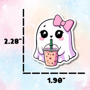 Ghost Drinking Iced Coffee Sticker, Hand Drawn Summerween Art, Spooky Cute Planner Decal Bild 3