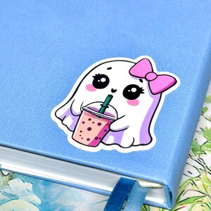 Ghost Drinking Iced Coffee Sticker, Hand Drawn Summerween Art, Spooky Cute Planner Decal Bild 6