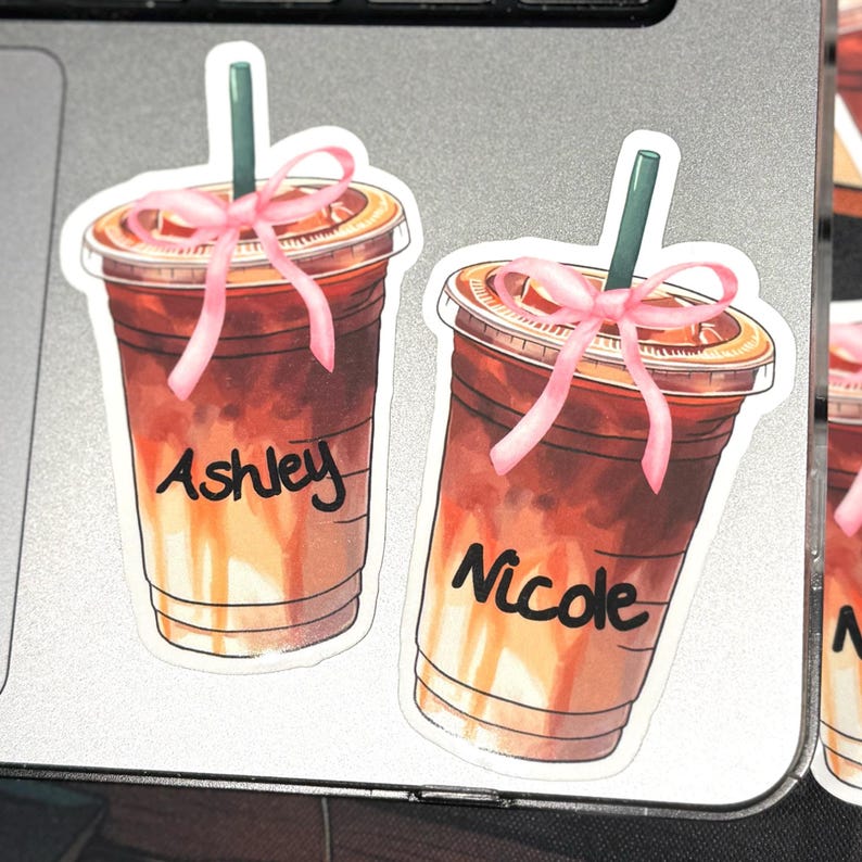 Custom Iced Coffee Sticker, Coquette Bow, Personalized Name Decal image 8