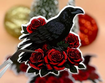 Raven and Red Roses Sticker, Edgar Allan Poe Bookish Artwork, Dark Academia Journal Decal