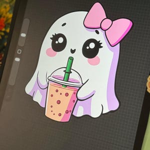 Ghost Drinking Iced Coffee Sticker, Hand Drawn Summerween Art, Spooky Cute Planner Decal Bild 2
