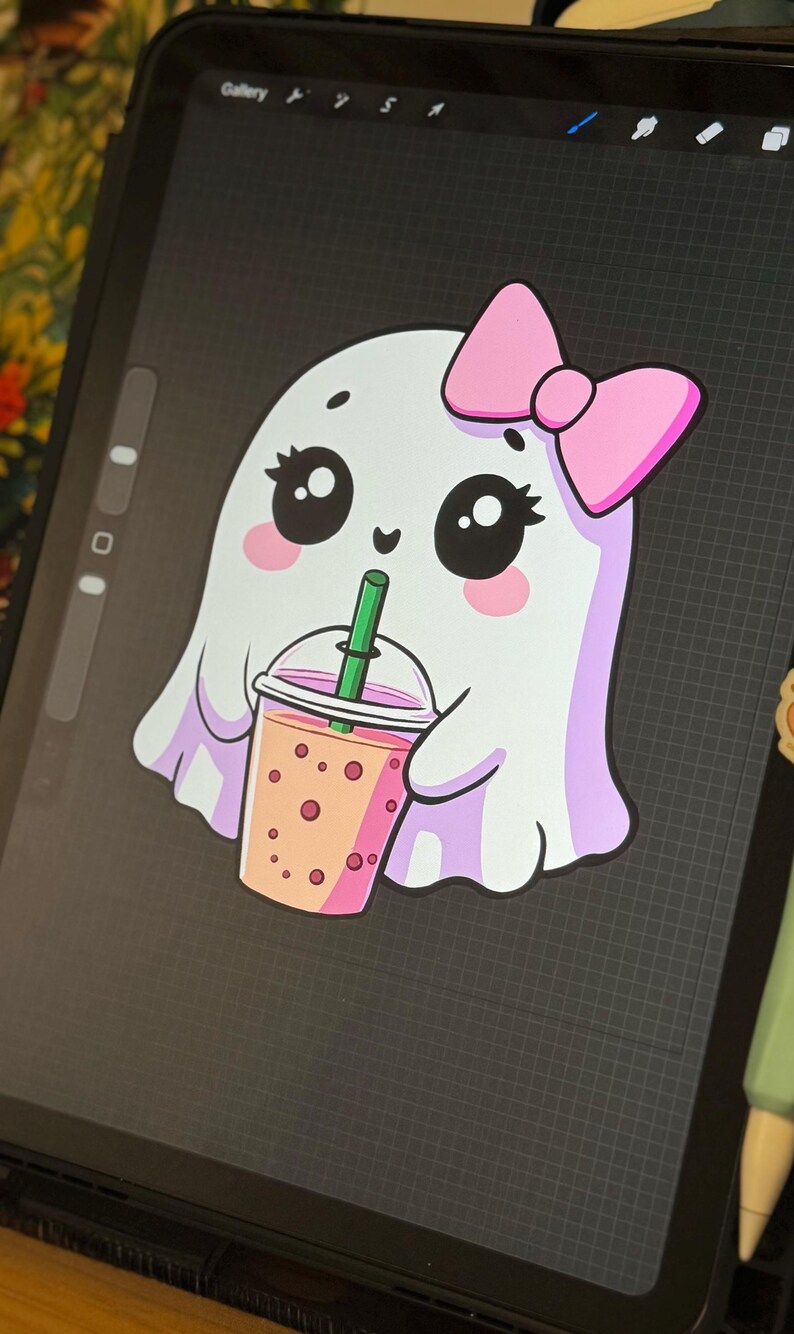 Ghost Drinking Iced Coffee Sticker, Hand Drawn Summerween Art, Spooky Cute Planner Decal Bild 2