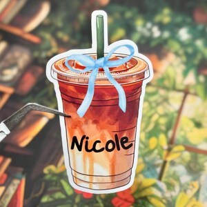 Custom Iced Coffee Sticker, Coquette Bow, Personalized Name Decal Baby Blue