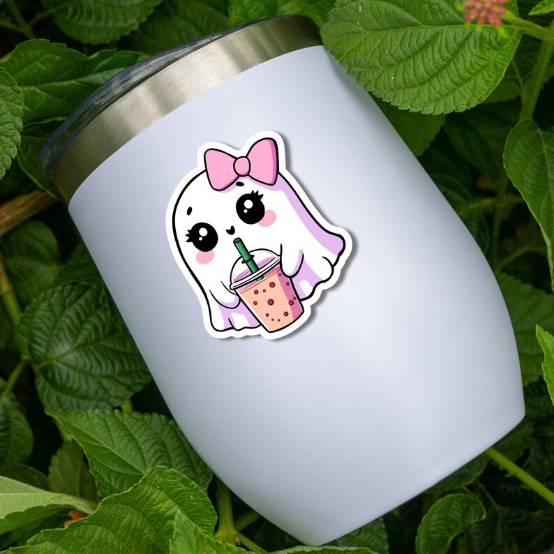 Ghost Drinking Iced Coffee Sticker, Hand Drawn Summerween Art, Spooky Cute Planner Decal Bild 9