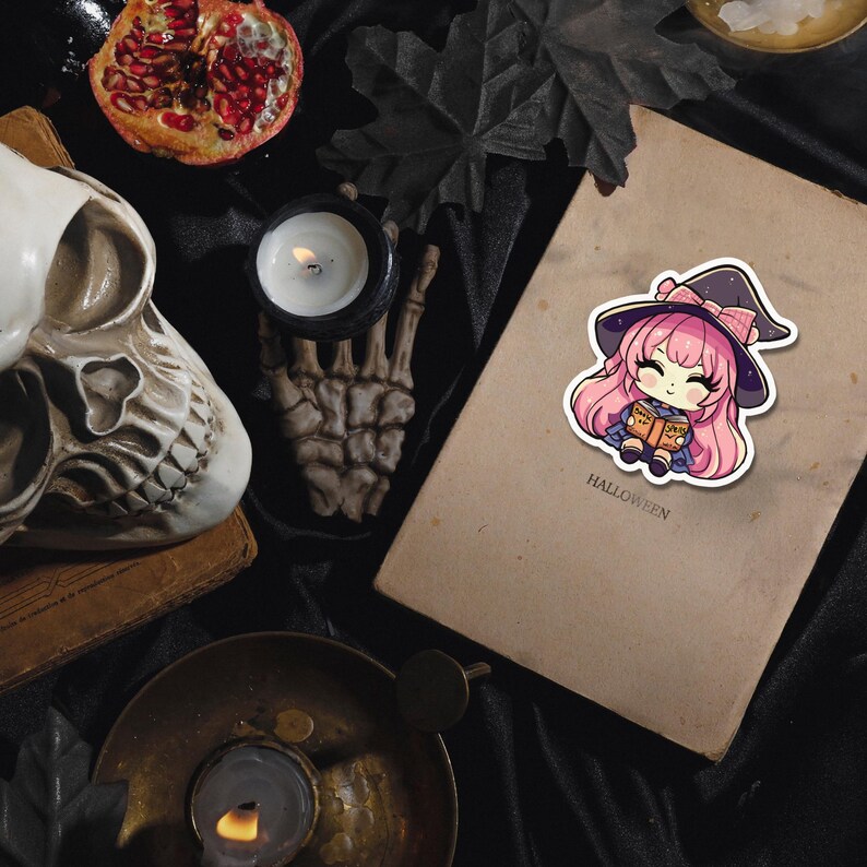 Bookish Witch Sticker, Kawaii Anime Art, Halloween Reading Journal, Summerween Planner Decal immagine 8
