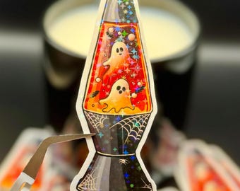 Spooky 70s Lava Lamp Halloween Sticker | Holographic Creepy Artwork | Retro Horror Vibes | Glowing Ghosts | Haunted Room Decor | Spider Webs