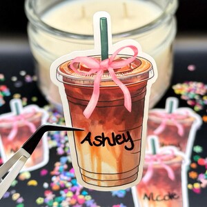 Custom Iced Coffee Sticker, Coquette Bow, Personalized Name Decal Pink