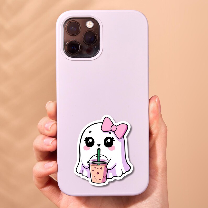 Ghost Drinking Iced Coffee Sticker, Hand Drawn Summerween Art, Spooky Cute Planner Decal Bild 7