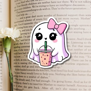 Ghost Drinking Iced Coffee Sticker, Hand Drawn Summerween Art, Spooky Cute Planner Decal Bild 5
