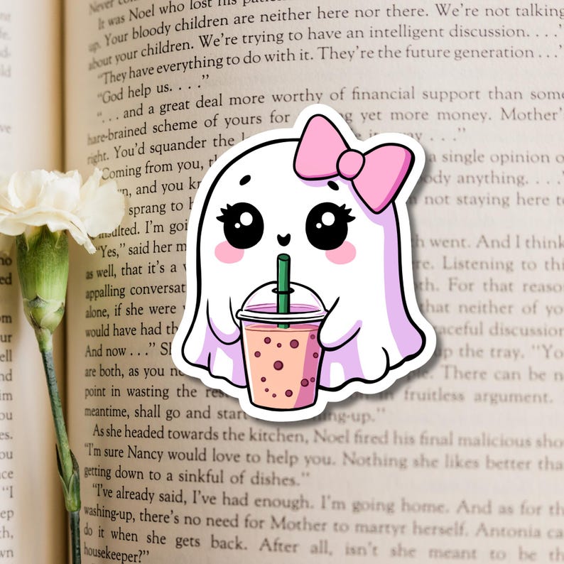 Ghost Drinking Iced Coffee Sticker, Hand Drawn Summerween Art, Spooky Cute Planner Decal Bild 5