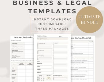 May include: A set of printable business and legal templates in PDF, Canva, and Word formats. The templates include a product evaluation checklist, a daily planner, and a business startup checklist. The templates are designed to help entrepreneurs and business owners organize their ideas and tasks.