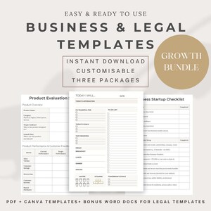 May include: A set of printable business and legal templates in a growth bundle. The templates are designed to help with product evaluation, daily planning, and business startup checklists. The templates are customizable and available for instant download.