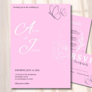 Invitación de boda rosa, invitación de mariposa, invitación de rosa, boda rosa brillante, boda estética, invitaciones, boda blanca