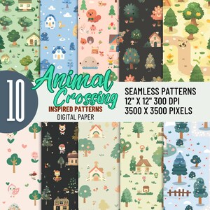アニマルクロッシングテーマにインスパイアされたシームレスなデジタルパターン 12"x12" 300dpi | ANCH | New Horizon | 印刷可能なデジタルペーパー