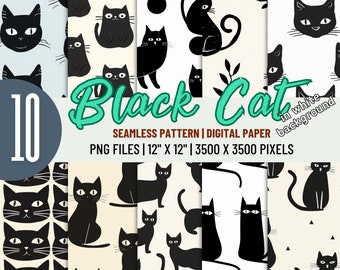 Lindo fondo de gato negro - Paquete de papel digital de patrones en blanco y negro, papel digital, hojas de collage de gatos, fondo de gatos, uso comercial