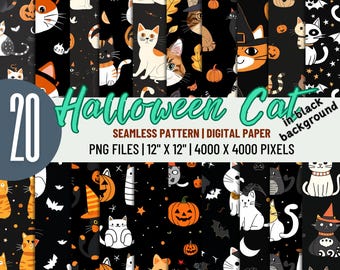 Patrón de gato de Halloween - Fondo negro sin costuras, papel digital, hojas de collage de gatos, fondo de gatos, gato PNG, uso comercial