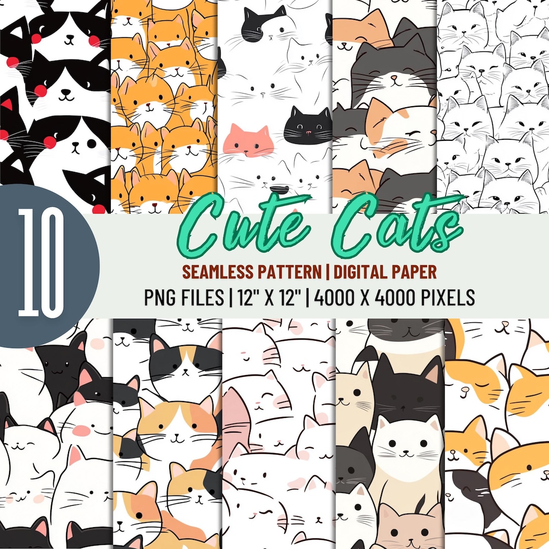 Cute Cat Digital Paper – Colorful Seamless Patterns (PNG, 12x12) - Etsy