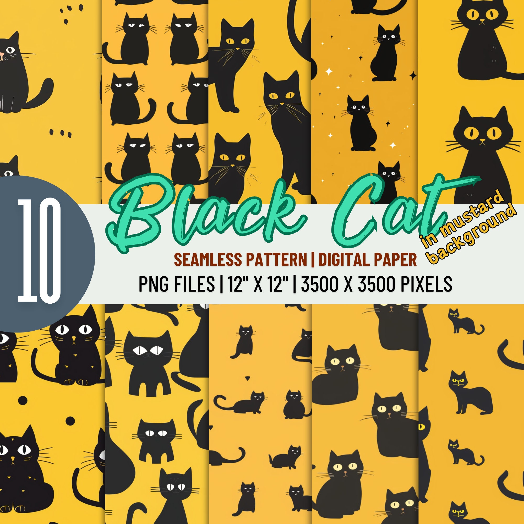 Lindo fondo de gato negro - Paquete de papel digital de patrones amarillos, papel digital, hojas de collage de gatos, fondo de gatos, uso comercial