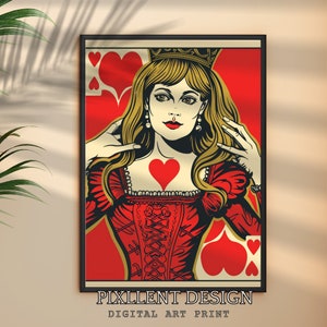 Reina de Corazones naipes pop-up art, arte de pared funky, impresión de naipes, decoración de dormitorio de arte de pared preppy, decoración estética maximalista