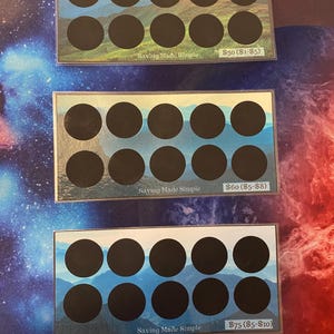 May include: Three colourful cards with a mountain background. Each card has a grid of 10 black circles. The cards are labelled "Saving Made Simple" and have a dollar amount and a range of dollar amounts. The first card is labelled "$30 ($1-$5)", the second card is labelled "$60 ($5-$8)", and the third card is labelled "$75 ($5-$10)".