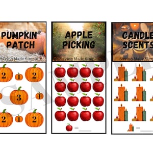 May include: Three printable autumn-themed maths worksheets with images of pumpkins, apples, and candles. Each worksheet has a different number of items and a blank space for the answer.