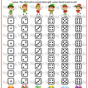 May include: A printable Elf Race game board with six elves, each with a different name and color. The game board has a grid of dice with different numbers of dots. The elves race to reach their gift at the bottom of the board. The game is called "Elf Race" and the text "Saving Made Simple" is at the bottom of the board.