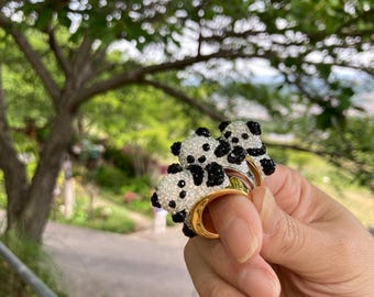 Bague panda avec perles de verre – Bijoux réglables faits main en alliage de zinc