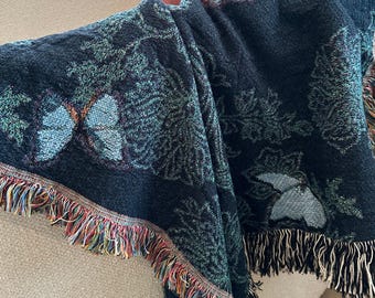 Cotton Throw Blanket Floral Butterfly Coverlet Washable Sofa Accent Soft Textured Wrap Gift Housewarming Home Bedroom Cozy Living Room Woven