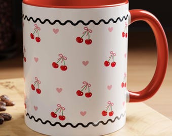 Cherry Bow Mug Coquette Coffee Cup Girly Birthday Gift for Teen Girl Best Friend Valentine Gift for Her Retro Kitchen Decor Heart Pattern