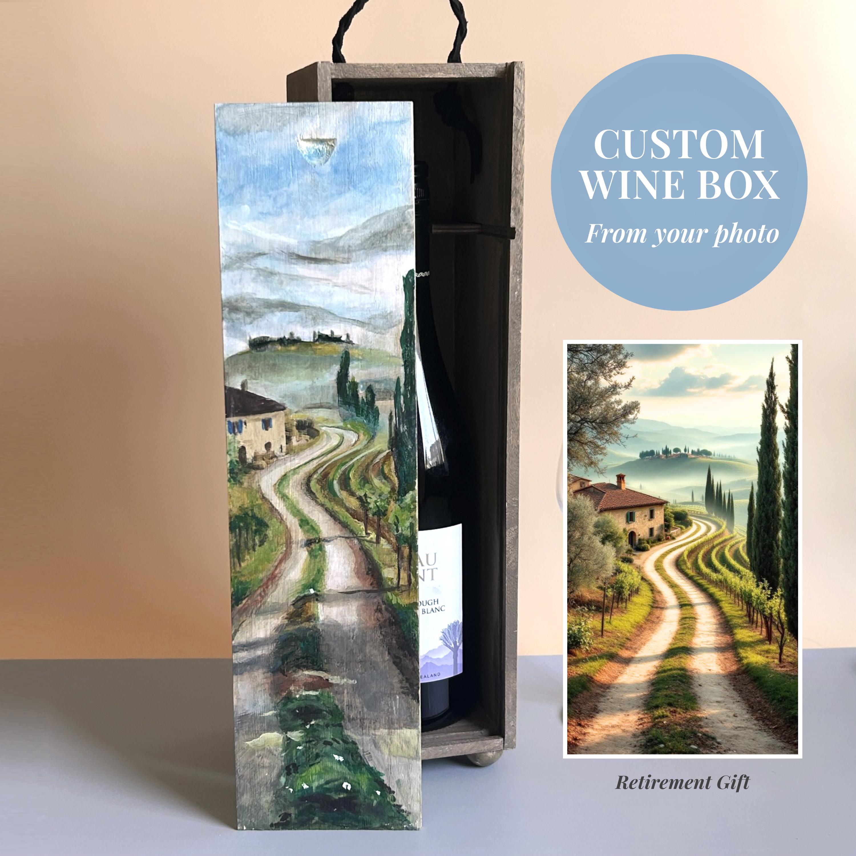 Custom Hand Painted Wine Box From Photo Anniversary Gift for Couple Wedding Retirement Italy Tuscan Vineyard Keepsake