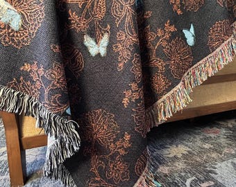 Butterfly Throw Blanket Floral Woven Cotton Fringe Sofa Wrap Couch Accessory Bedroom Accent Home Covering Charcoal Gray Nature Topper Boho