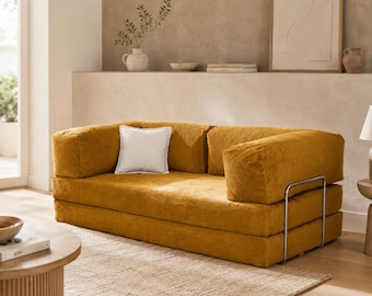 Corduroy Sofa Couch, Modern Low Profile Sofa Bed, Colorful Modular Floor Couch, Cozy Living Room Seating