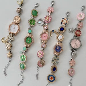 Colorful Floral Charm Watch Bracelets, Vintage Style Wristwatches with Unique Button Charms, Handmade Gift for Her,Romantic Retro Accessory