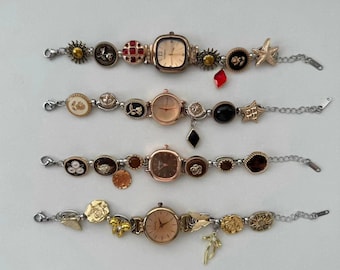 Bransoleta z różowego złota vintage, ręcznie robiona biżuteria z wisiorkiem, wyjątkowy zegarek retro dla kobiet, elegancki zegarek boho jako prezent