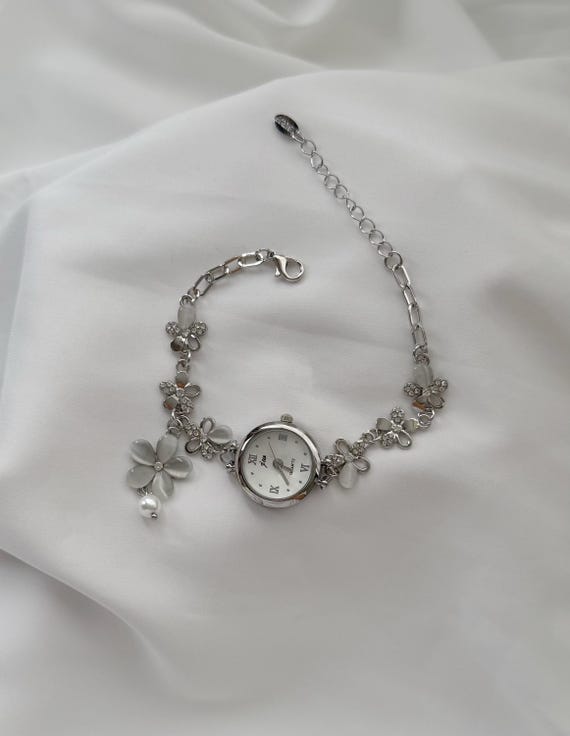 Silver Floral Bracelet Watch Sterling Silver Garnet Flower Watch Bracelet: 3D Floral Link  main image 2
