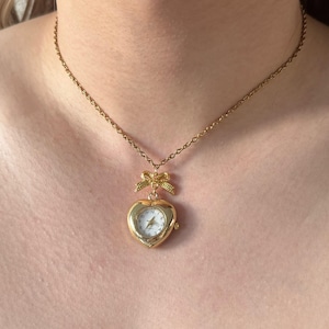 Heart Watch Pendant Necklace with Bow, Gold or Silver Timepiece Jewelry, Cute Vintage-Inspired Clock Gift for Her, Adjustable Chain