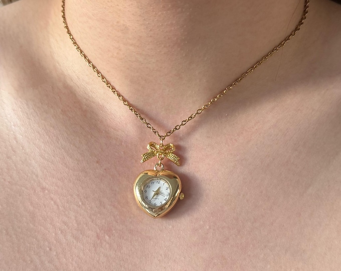 Heart Watch Pendant Necklace with Bow, Gold or Silver Timepiece Jewelry, Cute Vintage-Inspired Clock Gift for Her, Adjustable Chain