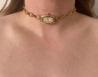 Gargantilla con reloj de oro vintage, joyería retro, gargantilla clásica para mujer, regalo elegante y atemporal, joyería única hecha a mano.