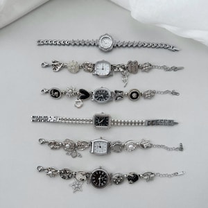 Vintage Silver Charm Watch Bracelet,Retro Clock Jewelry Gift for Women,Unique Handmade Steampunk Timepiece,Goth Bracelet Aesthetic Accessory
