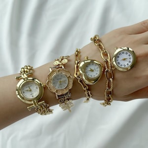 Gold Chain Watch Bracelets,Vintage Wristwatches with Flower, Heart, or Link Designs, Elegant Retro Style Watch,Customizable Gift for Her