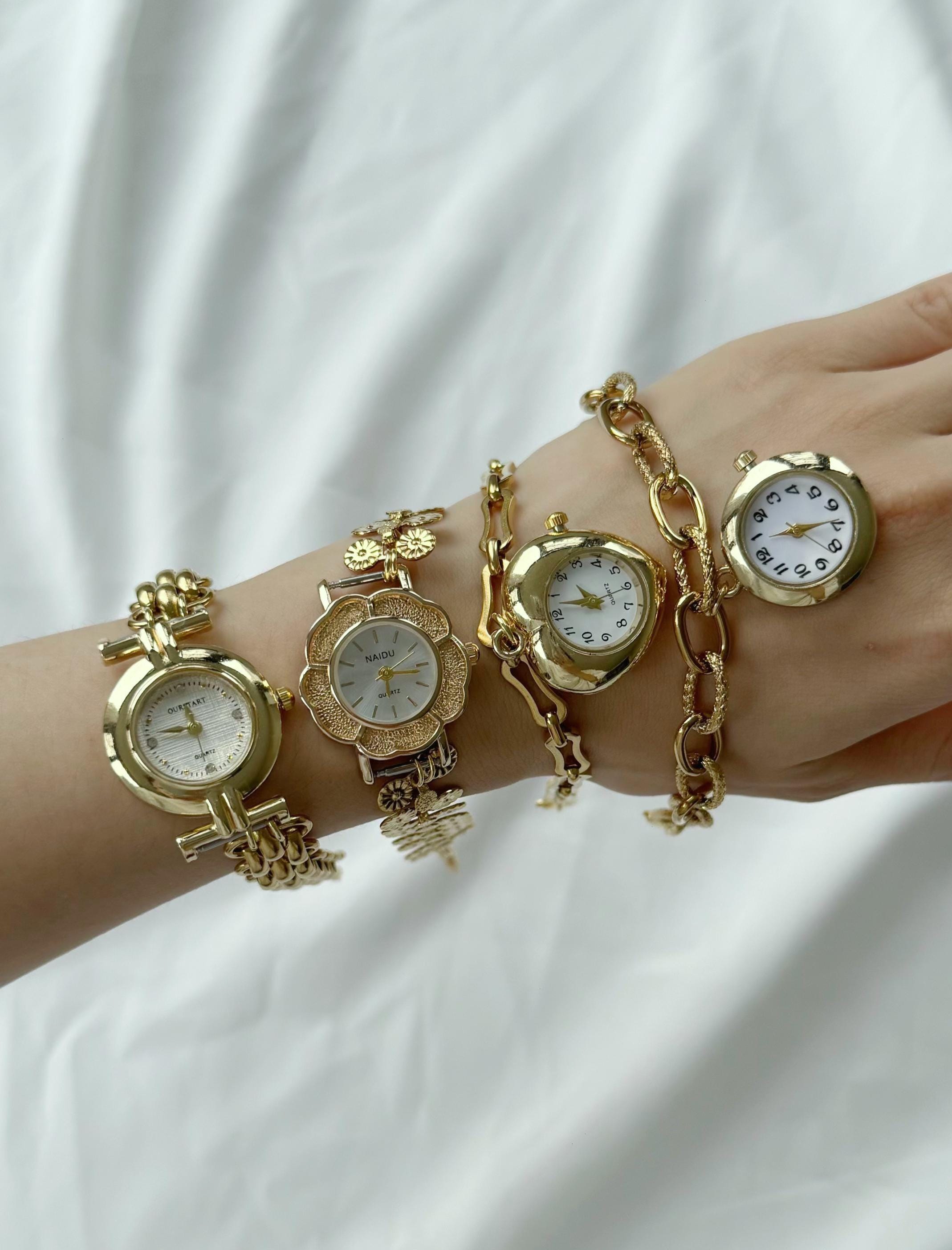 Gold Chain Watch Bracelets,Vintage Wristwatches with Flower, Heart, or Link Designs, Elegant Retro Style Watch,Customizable Gift for Her